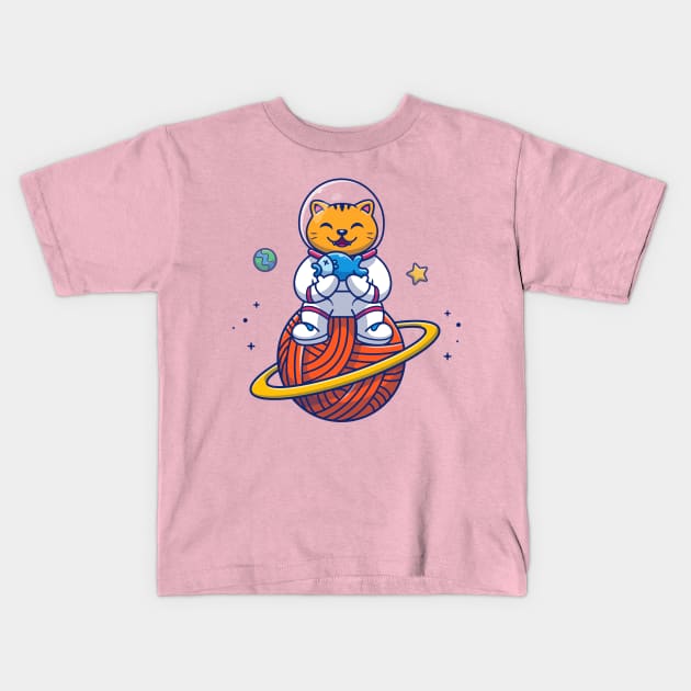 Cute Cat Astronaut Sitting On Planet Cartoon Kids T-Shirt by Catalyst Labs